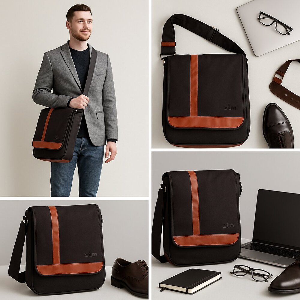 STM Vertical Laptop Messenger Bag – Black & Chestnut Brown